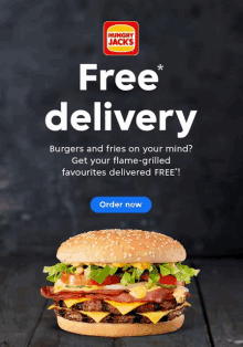 an advertisement for hungry jack 's offers free delivery of burgers and fries