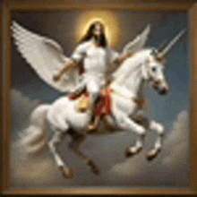 a painting of jesus riding on the back of a unicorn .