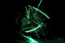 a samurai with glowing green swords in a dark room