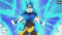 goku from dragon ball super is flying through the air with his arms outstretched and a blue background .