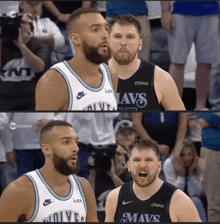 two basketball players with mavs on their jerseys are standing next to each other