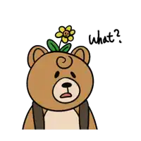 a brown teddy bear with a flower on its head and the words what written below it