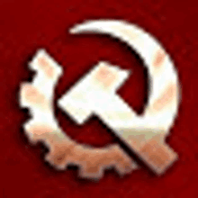 a white hammer and sickle symbol on a red background .