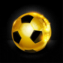 a golden soccer ball with a map of the world on it is on a black background .