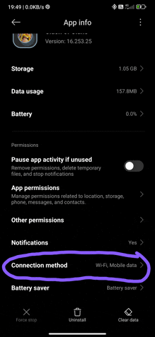 a screenshot of the app info page on a cell phone with a purple arrow pointing to the connection method .