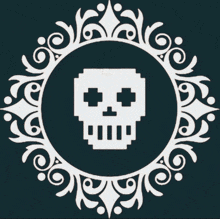 a pixelated skull in a circle with swirls