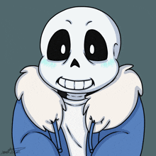 a drawing of a skeleton wearing a blue jacket and a white fur collar