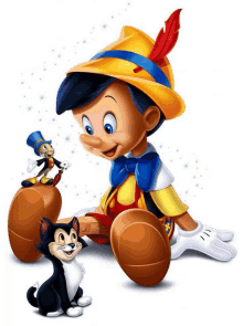 a cartoon drawing of pinocchio and his friends