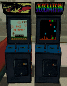 two arcade machines one of which says poco the monkey