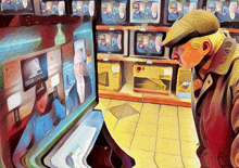 a painting of a man looking at a tv screen that says samsung