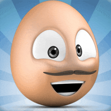 a cartoon egg with big eyes and a mustache on a blue background