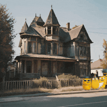 a very old house with a fence around it and a yellow garbage can that says ' garbage ' on it