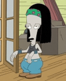 a cartoon character is sitting in front of a door wearing a headband and jeans .