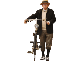 a man in a hat is holding a bicycle with his shadow behind him