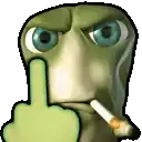 a green alien is smoking a cigarette and giving the middle finger .