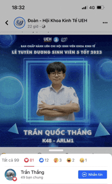 a phone screen shows a picture of a man named tran quoc thang k48-arlm1