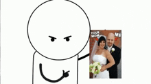 a cartoon character is pointing at a picture of a bride and groom