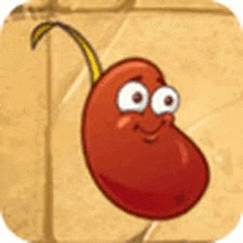 a cartoon illustration of a red bean with a yellow stem and a smiling face .