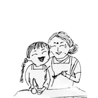 a black and white drawing of two women laughing