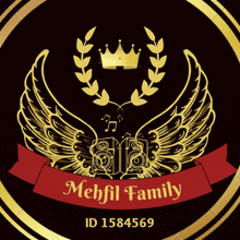 a logo for the mehfil family has a crown and wings