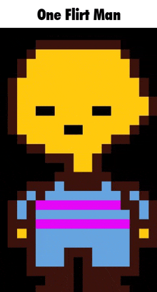 a pixel art of a man with a purple stripe on his chest and a yellow head .