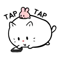 a cartoon drawing of a cat with a rabbit on its head holding a cell phone