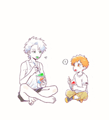 a drawing of two young boys sitting on the floor eating ice cream