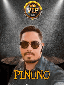 a man wearing sunglasses and a name pinuno