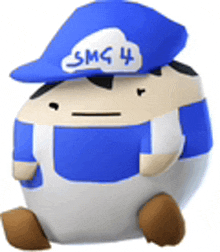 a stuffed toy of a man wearing a blue hat with the word smg on it .