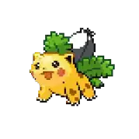 a pixel art drawing of a yellow pokemon with green leaves on its back .