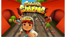 an advertisement for subway surfers shows a boy on a train track