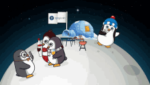 a group of penguins are standing in front of an igloo and a sign that says tipsy.com