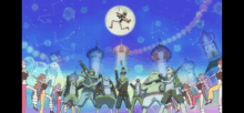 a group of cartoon characters are dancing in front of a moon