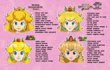 a poster of princess peach from super mario showing different hairstyles