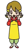 a cartoon girl wearing a yellow apron and a red sweater