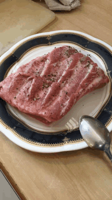 a piece of meat on a plate with a spoon on it