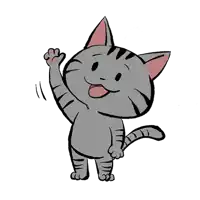 a cartoon drawing of a gray cat waving its paw .