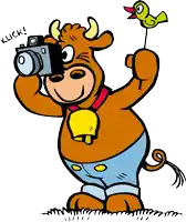 a cartoon cow is taking a picture with a camera and holding a toy bird