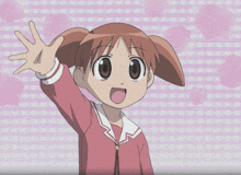 a cartoon girl is waving her hand in front of a pink background