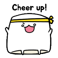 a cartoon character with a yellow headband and the words `` cheer up '' written on it .