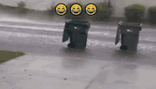 three smiley faces are laughing in the rain on a sidewalk