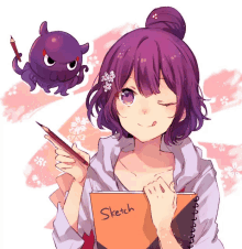 a girl with purple hair is holding a pencil and a book that says sketch