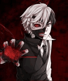 kaneki ken from tokyo ghoul is wearing a mask and a suit and tie and has blood on his hands .