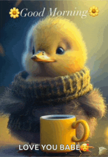 a duck with a scarf around its neck is sitting next to a cup of coffee .