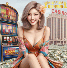 a woman is sitting in front of a slot machine that says casino on it