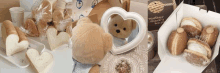 a collage of pictures of bread , a teddy bear , a heart shaped mirror , and donuts .