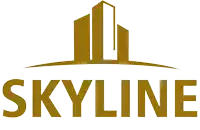 a gold skyline logo with a building on top