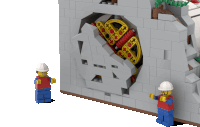 two lego figures are standing next to a gray wall