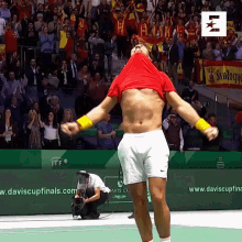 a man stands on a tennis court with his arms outstretched in front of a banner for the davis cup finals