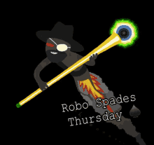 a poster for robo spades thursday with a cartoon character holding a cane